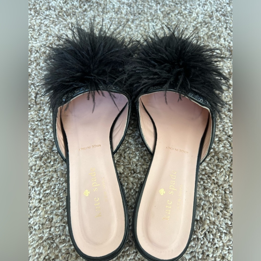 Kate Spade New York Black Leather Mules with sequin and feather, size 6 - Picture 2 of 3